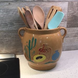 Vtg Pottery Hand Painted Cookie Jar/ Utensil Crock